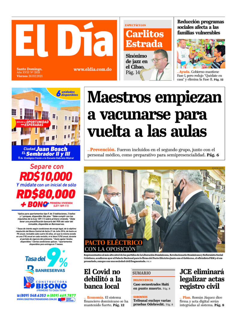Portada Periódico El Día, Viernes 26 de Febrero, 2021