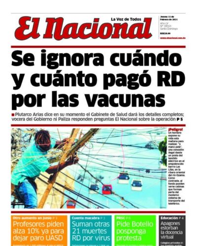 Portada Periódico El Nacional, Jueves 11 de Febrero, 2021