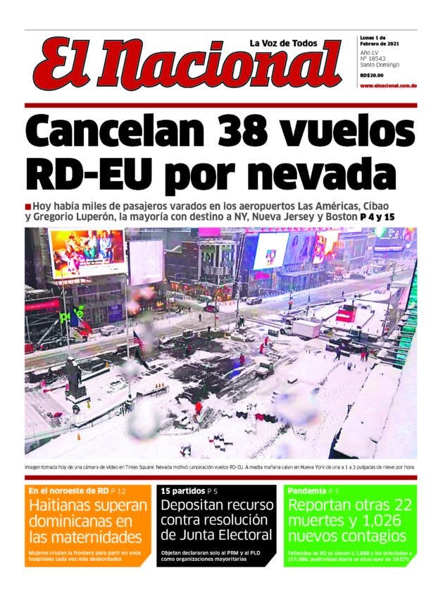 Portada Periódico El Nacional, Lunes 01 de Febrero, 2021