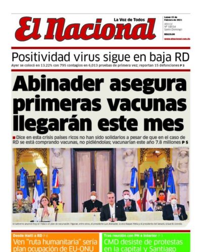 Portada Periódico El Nacional, Lunes 15 de Febrero, 2021