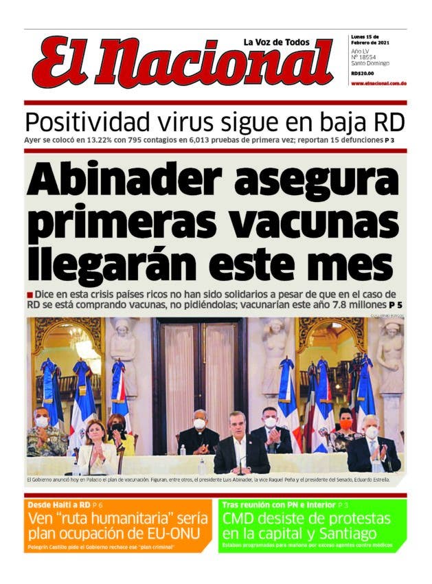Portada Periódico El Nacional, Lunes 15 de Febrero, 2021