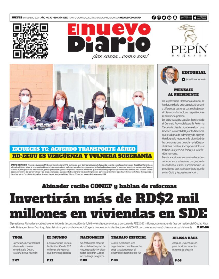 Portada Periódico El Nuevo Diario, Jueves 04 de Febrero, 2021