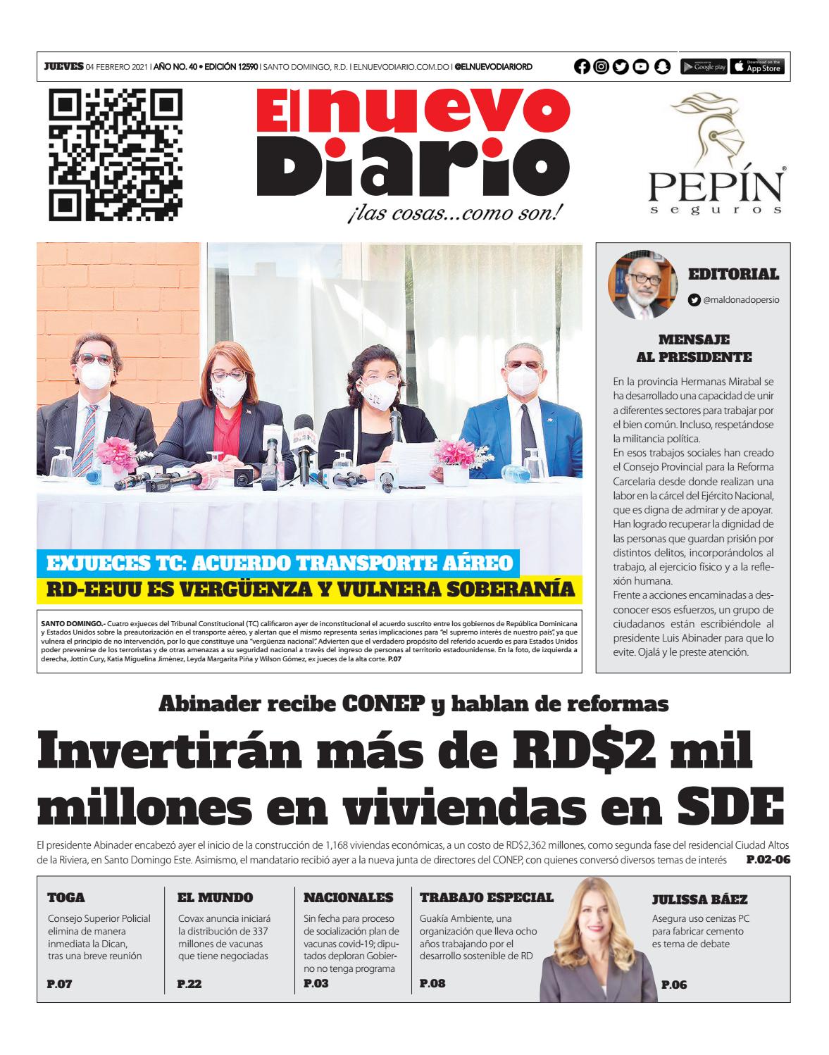 Portada Periódico El Nuevo Diario, Jueves 04 de Febrero, 2021