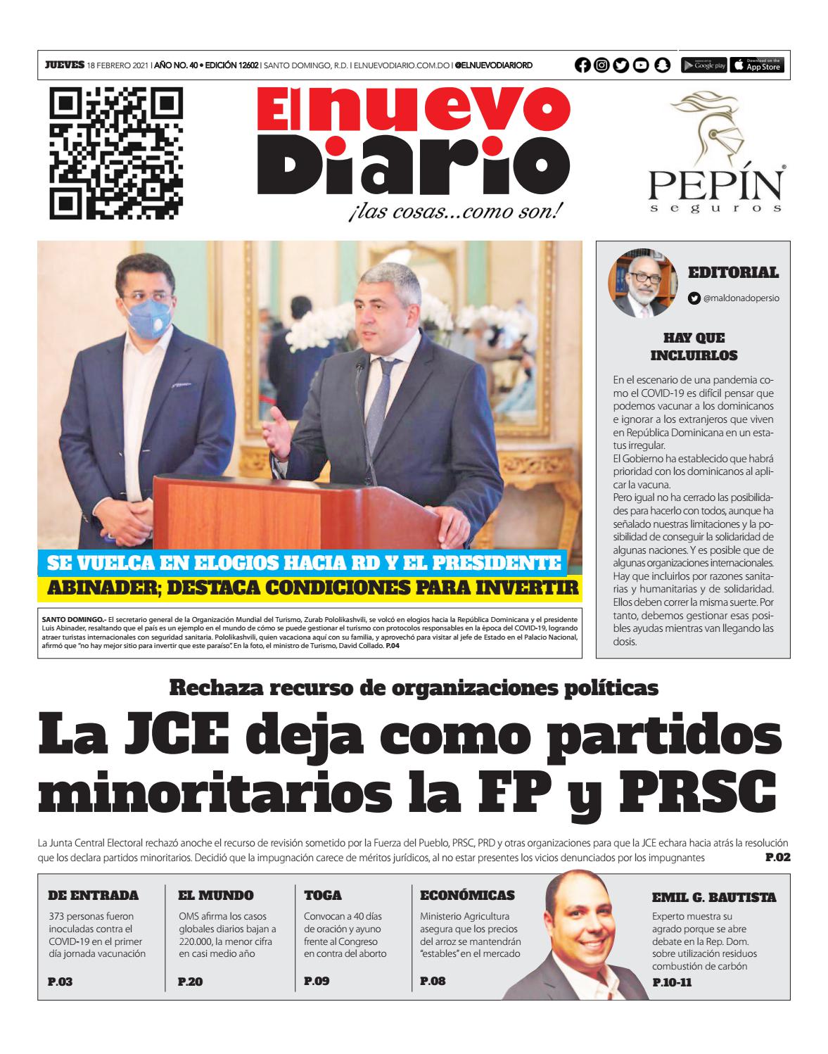 Portada Periódico El Nuevo Diario, Jueves 18 de Febrero, 2021