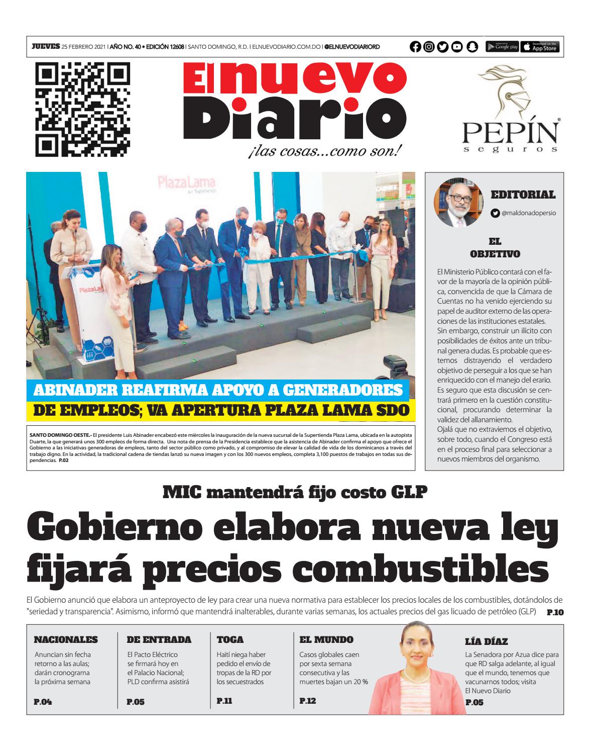 Portada Periódico El Nuevo Diario, Jueves 25 de Febrero, 2021