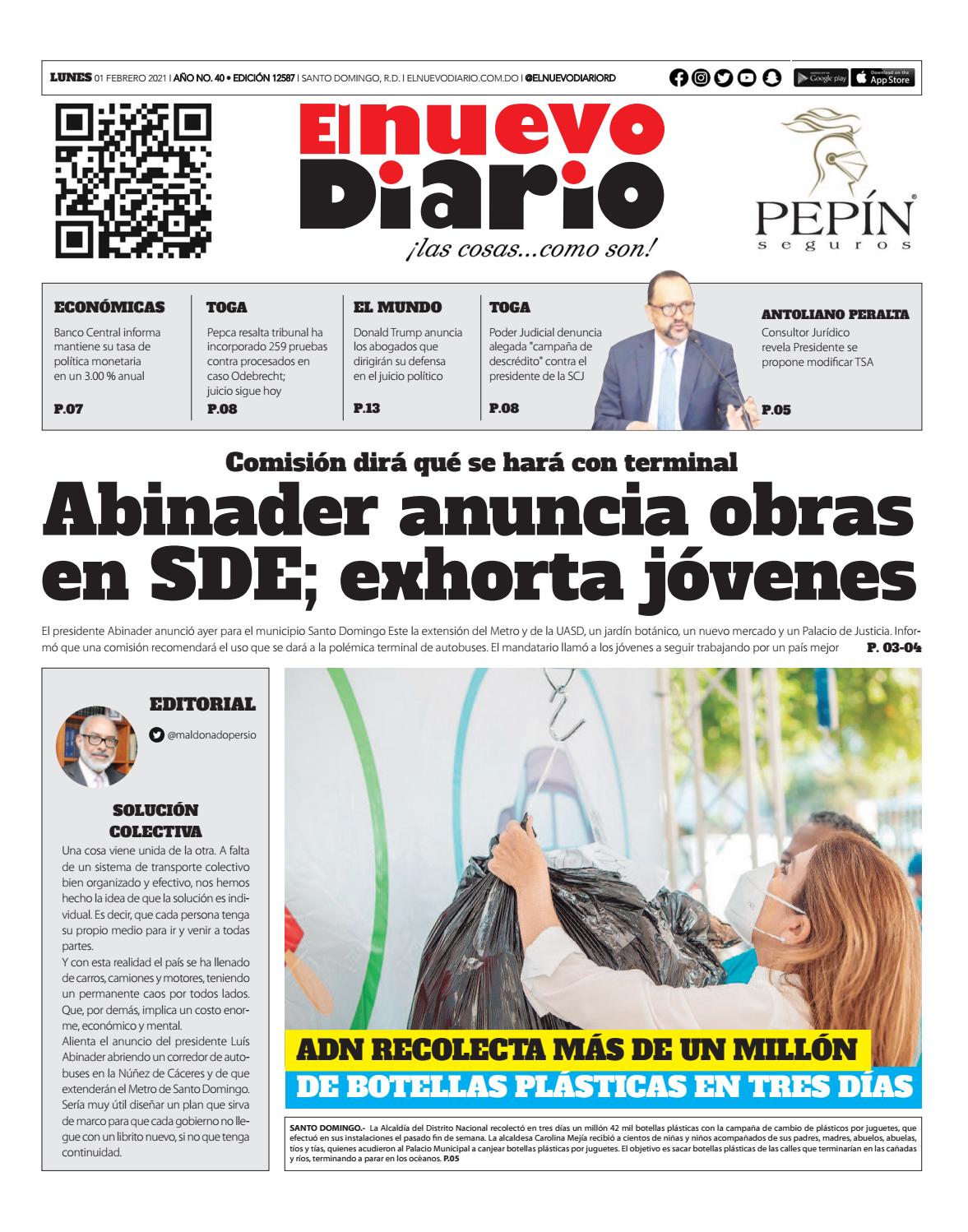 Portada Periódico El Nuevo Diario, Lunes 01 de Febrero, 2021