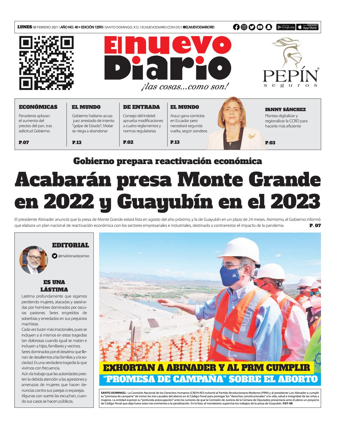 Portada Periódico El Nuevo Diario, Lunes 08 de Febrero, 2021
