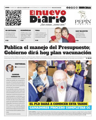 Portada Periódico El Nuevo Diario, Lunes 15 de Febrero, 2021