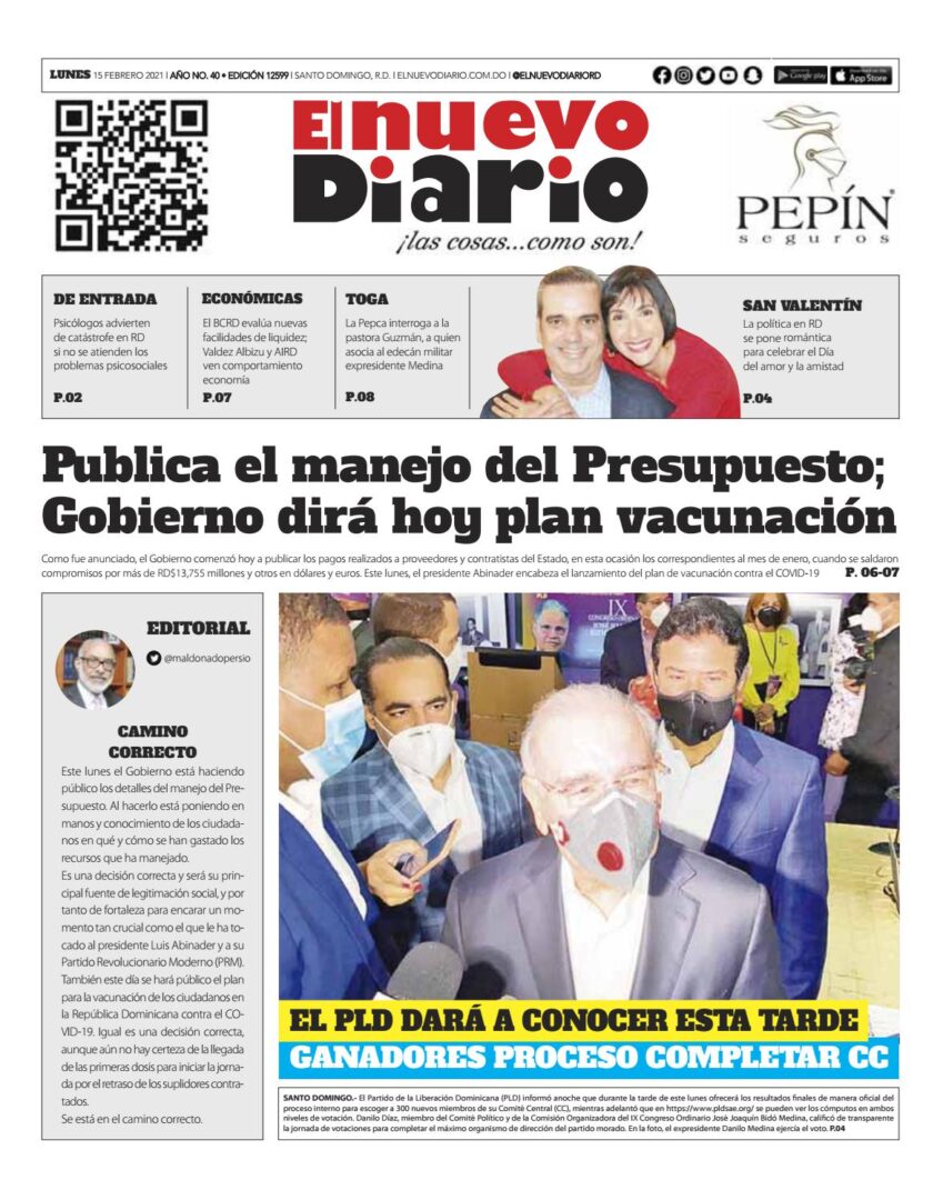 Portada Periódico El Nuevo Diario, Lunes 15 de Febrero, 2021