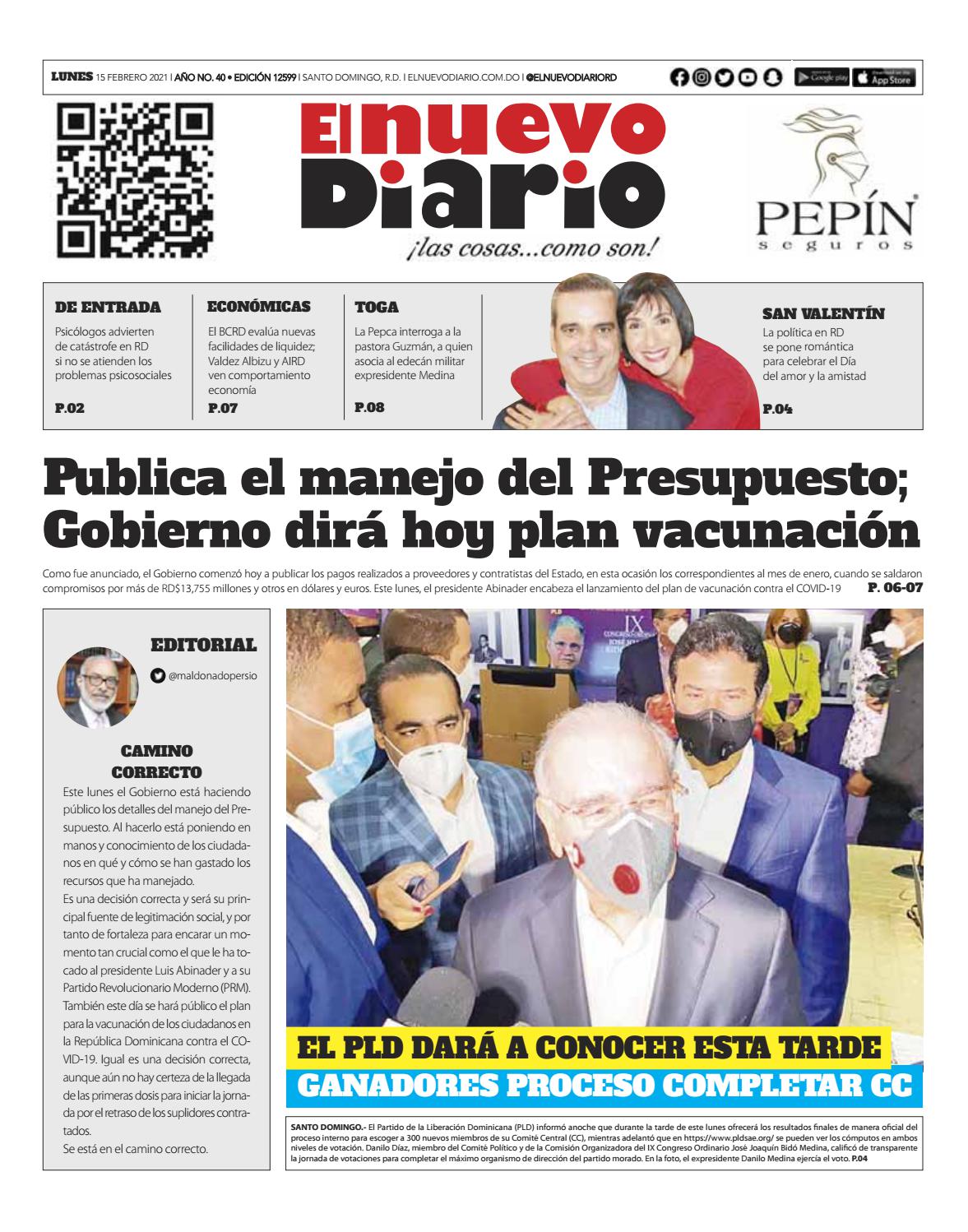 Portada Periódico El Nuevo Diario, Lunes 15 de Febrero, 2021