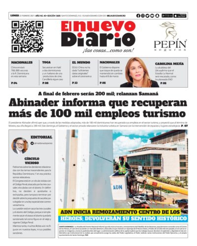 Portada Periódico El Nuevo Diario, Lunes 22 de Febrero, 2021