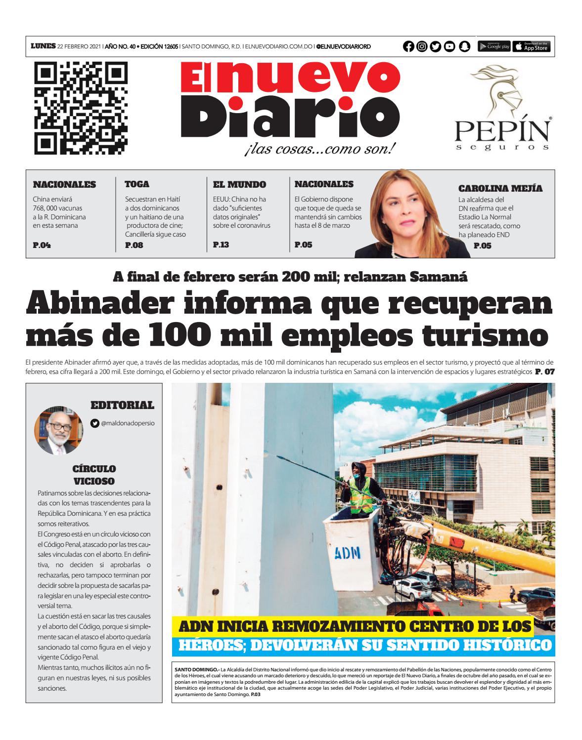 Portada Periódico El Nuevo Diario, Lunes 22 de Febrero, 2021