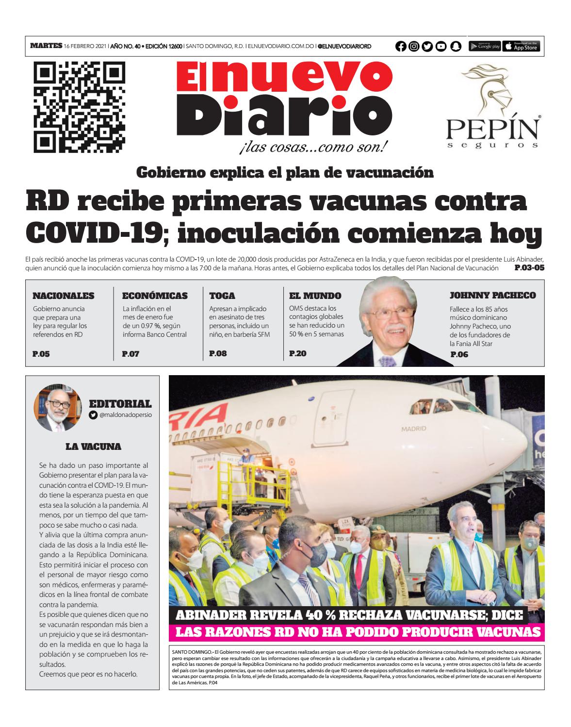 Portada Periódico El Nuevo Diario, Martes 16 de Febrero, 2021