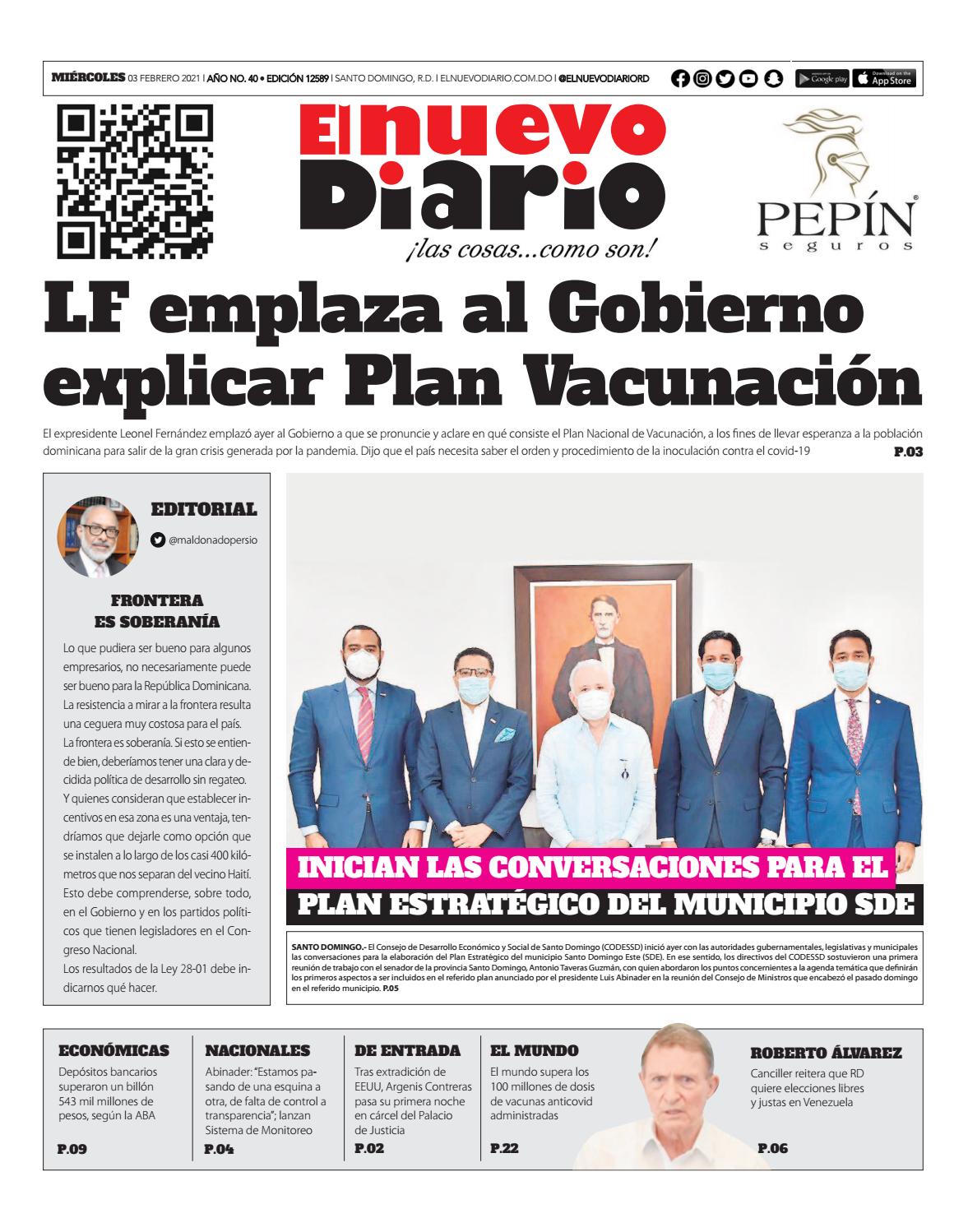Portada Periódico El Nuevo Diario, Miércoles 03 de Febrero, 2021