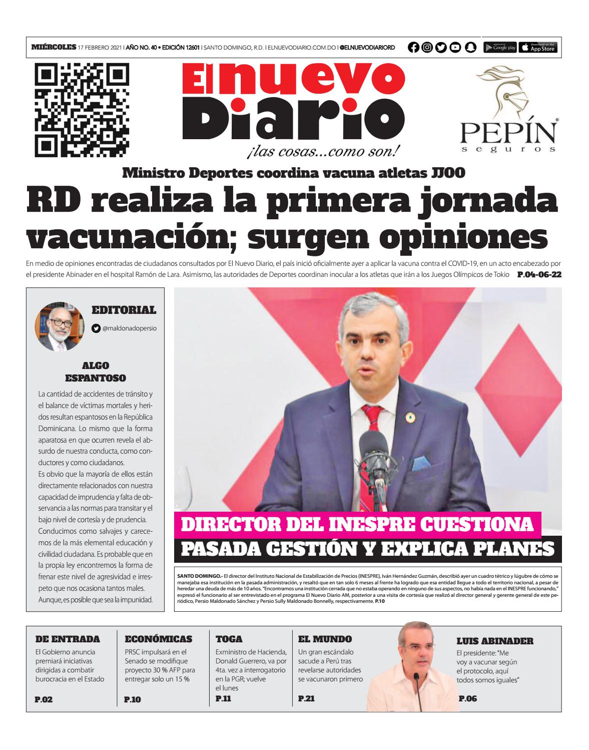 Portada Periódico El Nuevo Diario, Miércoles 17 de Febrero, 2021