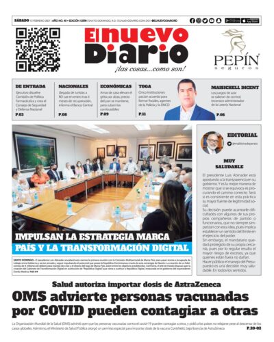 Portada Periódico El Nuevo Diario, Sábado 13 de Febrero, 2021