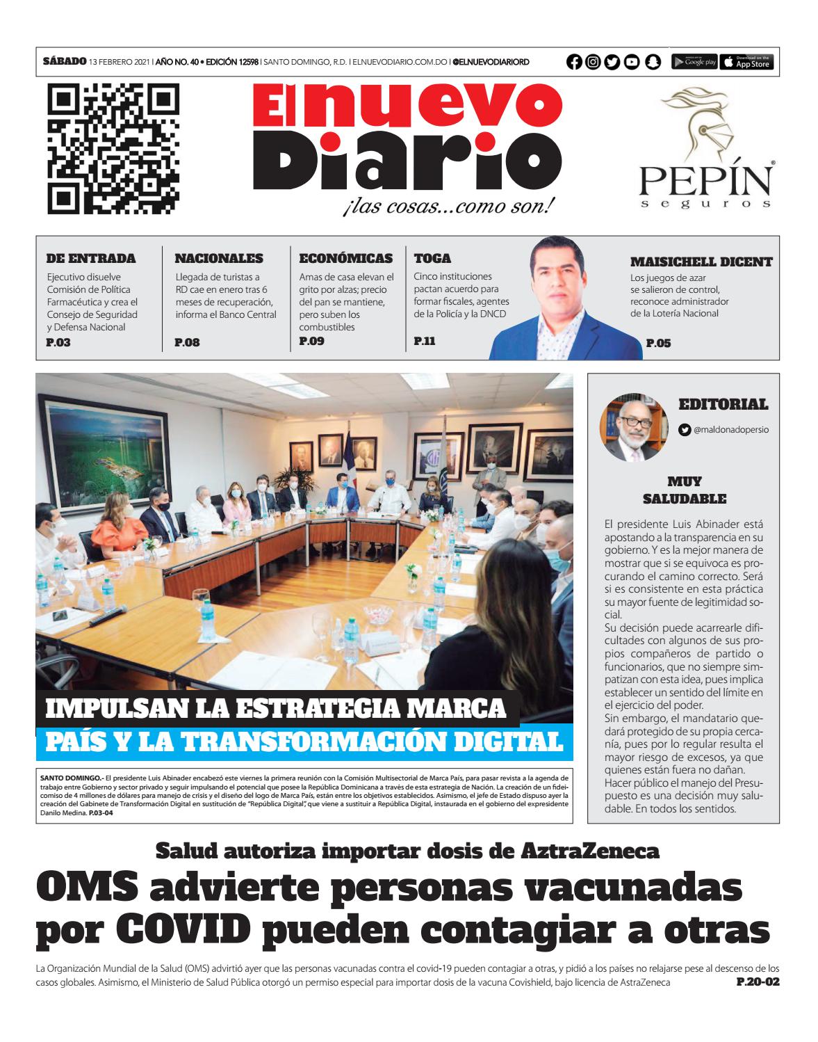 Portada Periódico El Nuevo Diario, Sábado 13 de Febrero, 2021