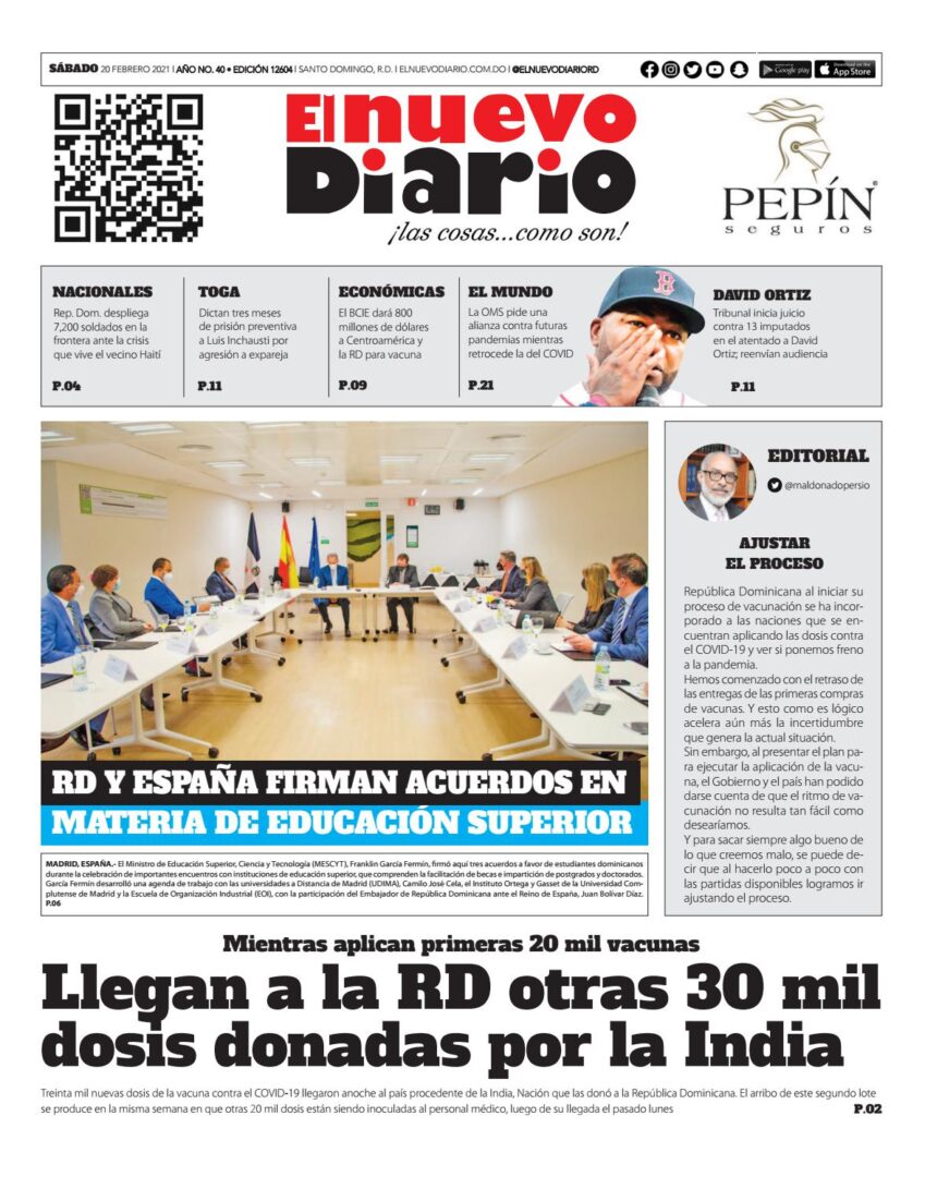 Portada Periódico El Nuevo Diario, Sábado 20 de Febrero, 2021