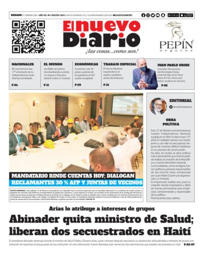 Portada Periódico El Nuevo Diario, Viernes 26 de Febrero, 2021