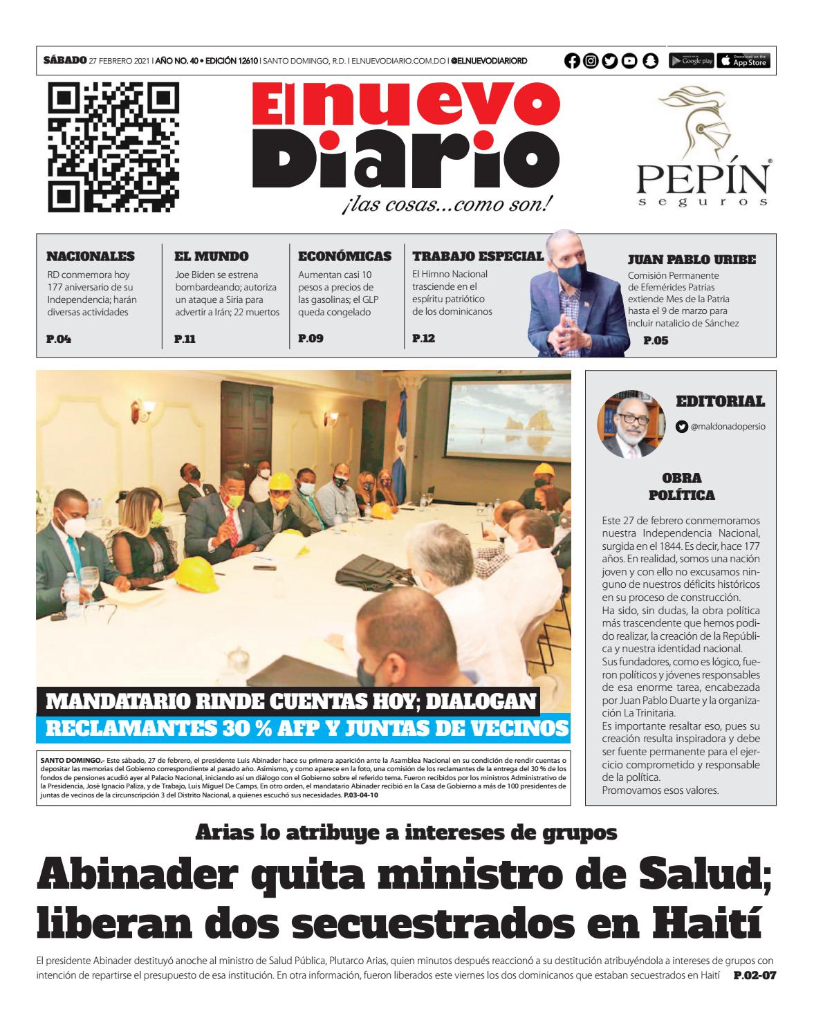 Portada Periódico El Nuevo Diario, Viernes 26 de Febrero, 2021