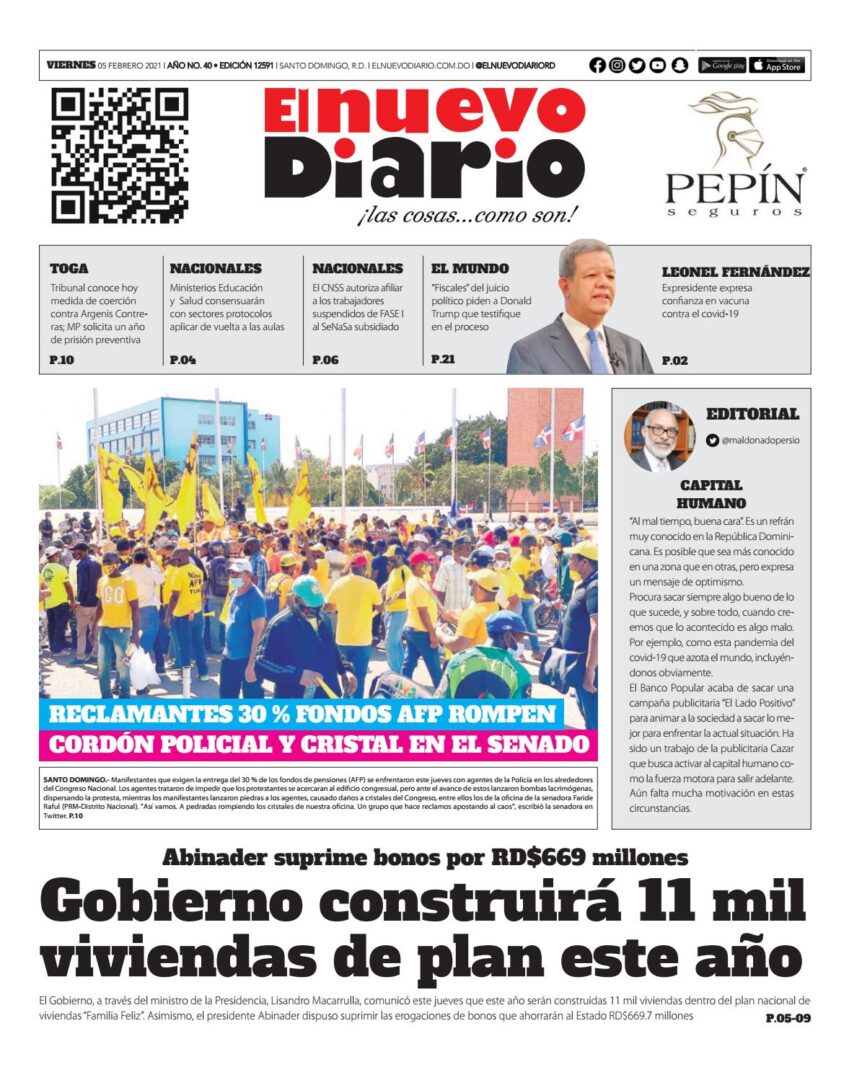 Portada Periódico El Nuevo Diario, Viernes 05 de Febrero, 2021
