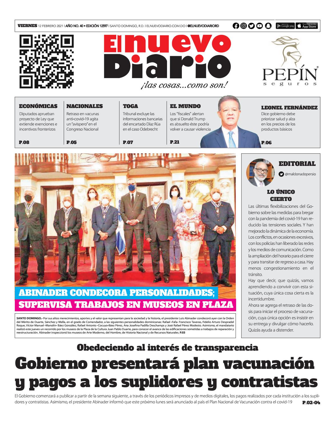 Portada Periódico El Nuevo Diario, Viernes 12 de Febrero, 2021