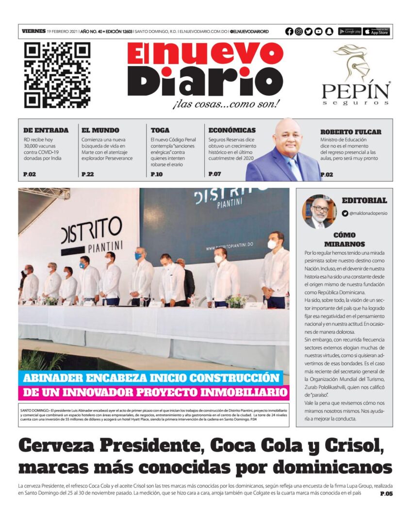 Portada Periódico El Nuevo Diario, Viernes 19 de Febrero, 2021