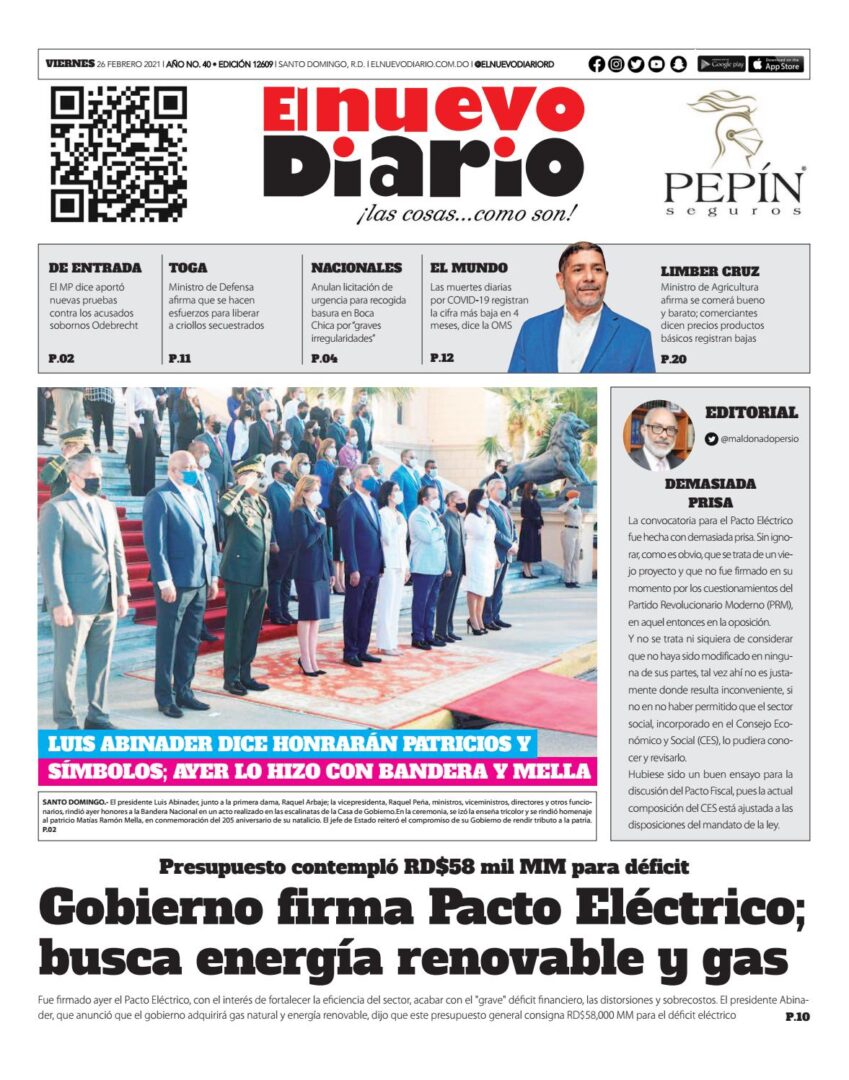 Portada Periódico El Nuevo Diario, Viernes 26 de Febrero, 2021