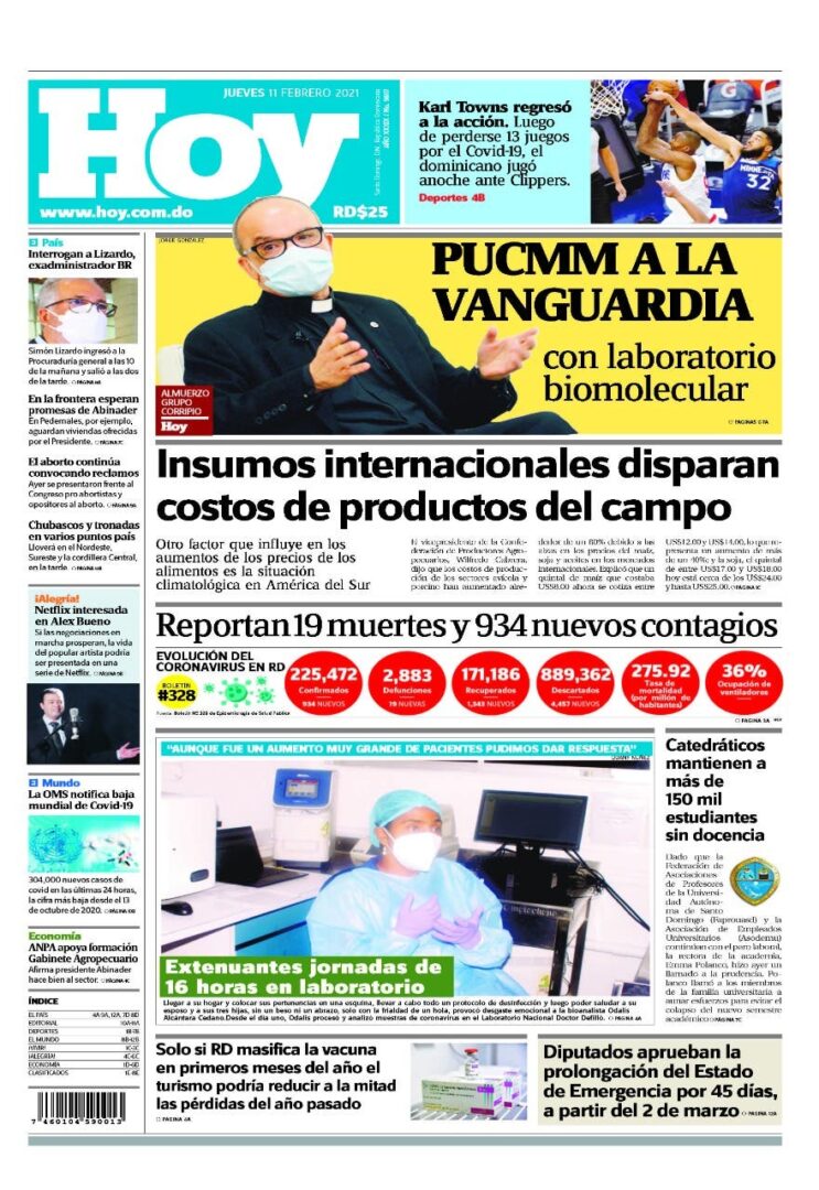 Portada Periódico Hoy, Jueves 11 de Febrero, 2021