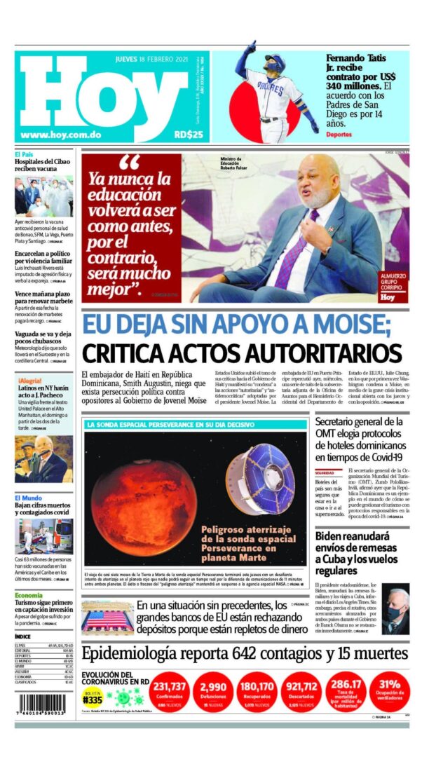 Portada Periódico Hoy, Jueves 18 de Febrero, 2021