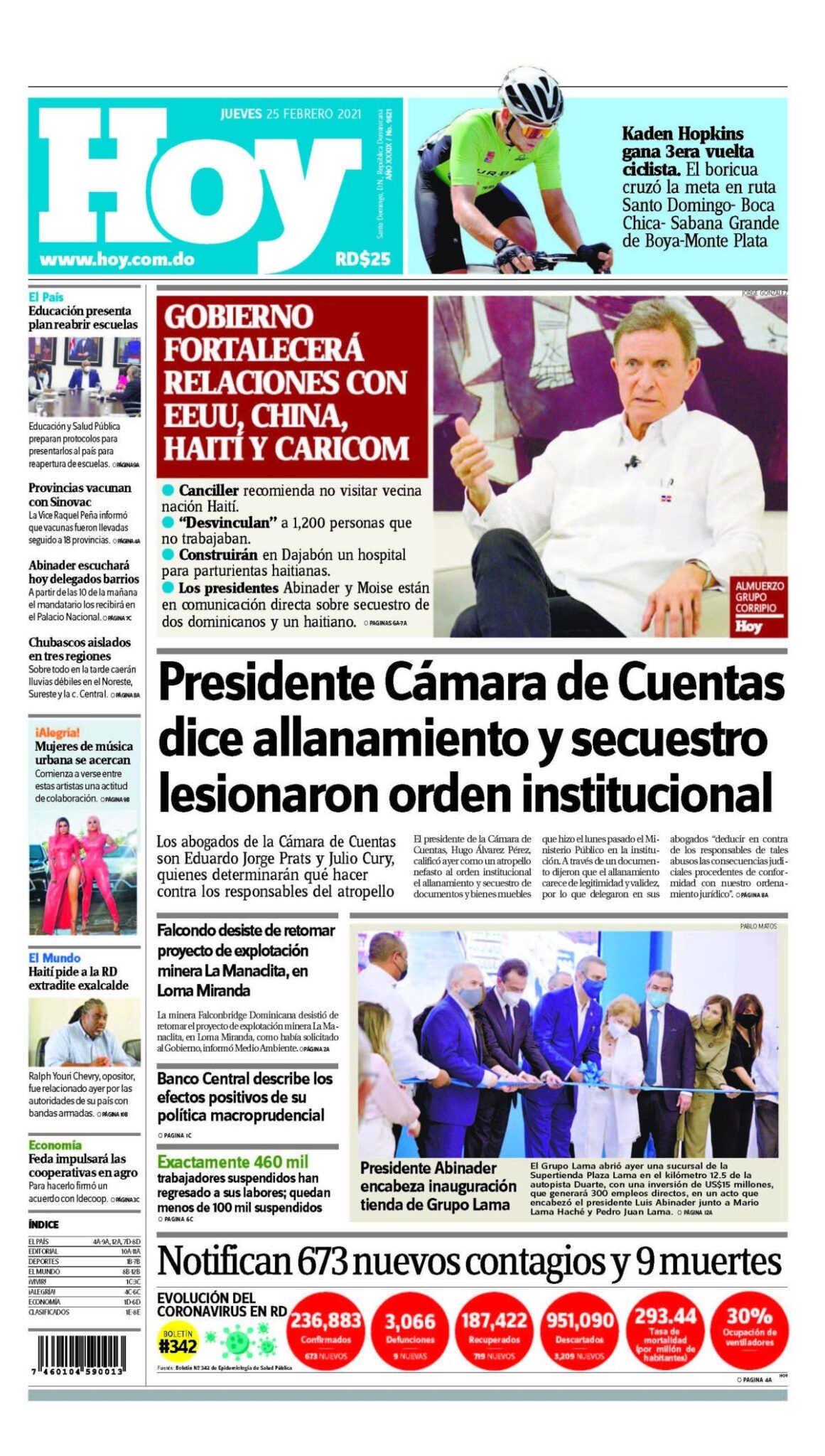 Portada Periódico Hoy, Jueves 25 de Febrero, 2021 - Dominicana.do