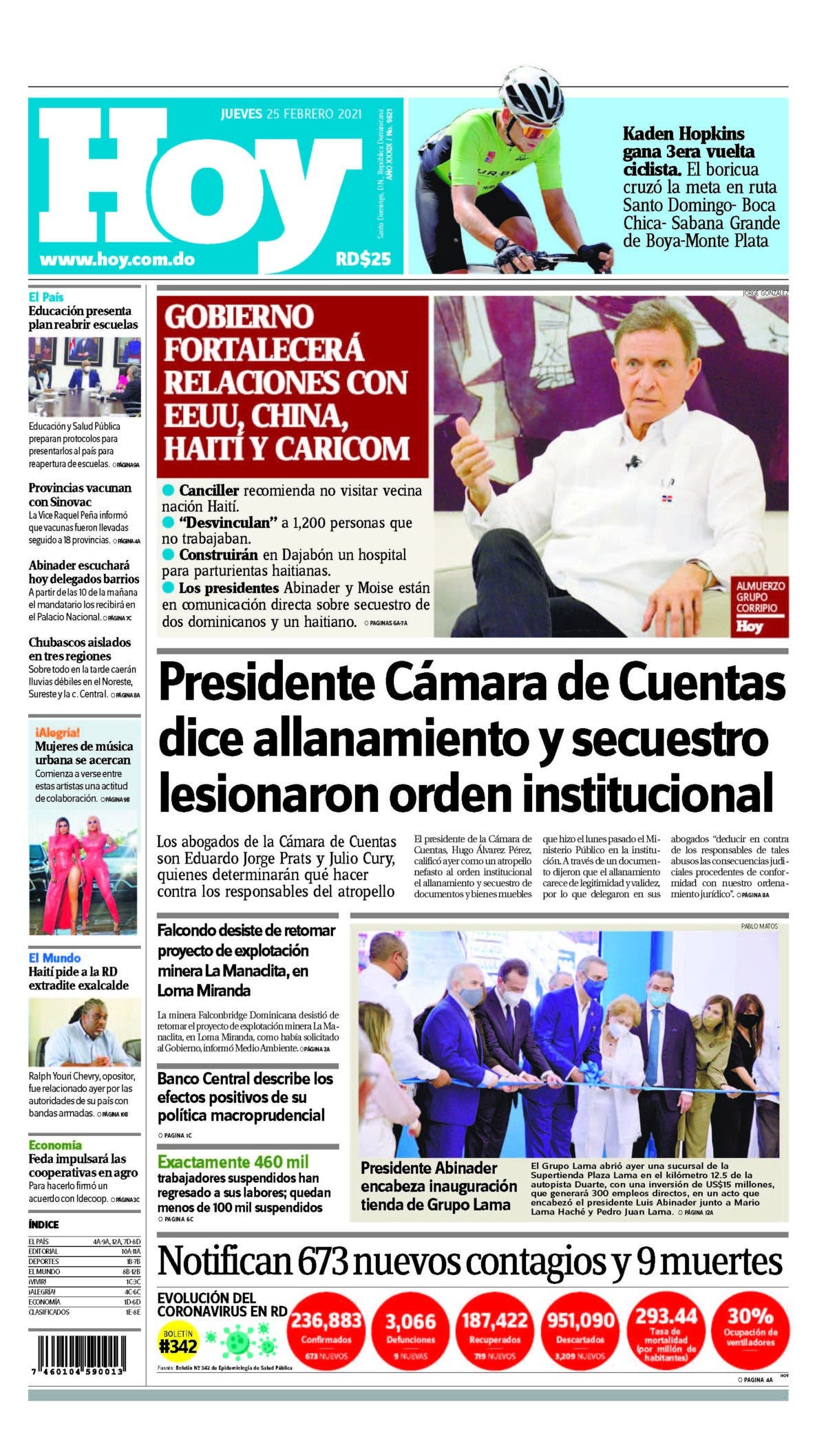 Portada Periódico Hoy, Jueves 25 de Febrero, 2021