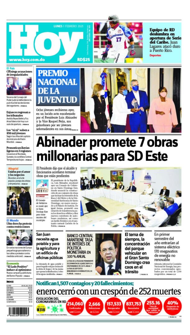 Portada Periódico Hoy, Lunes 01 de Febrero, 2021