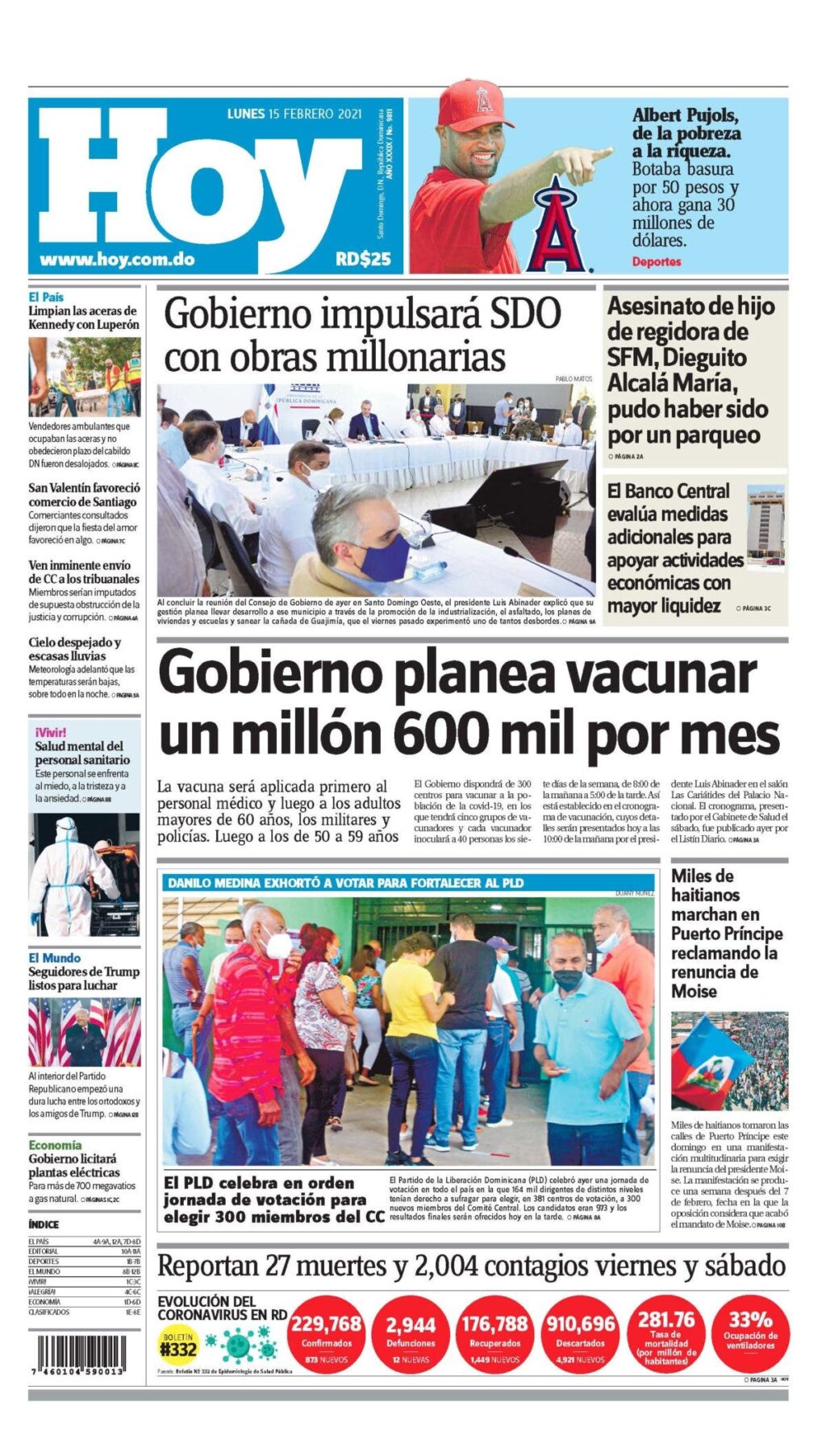 Portada Periódico Hoy, Lunes 15 de Febrero, 2021  Dominicana.do