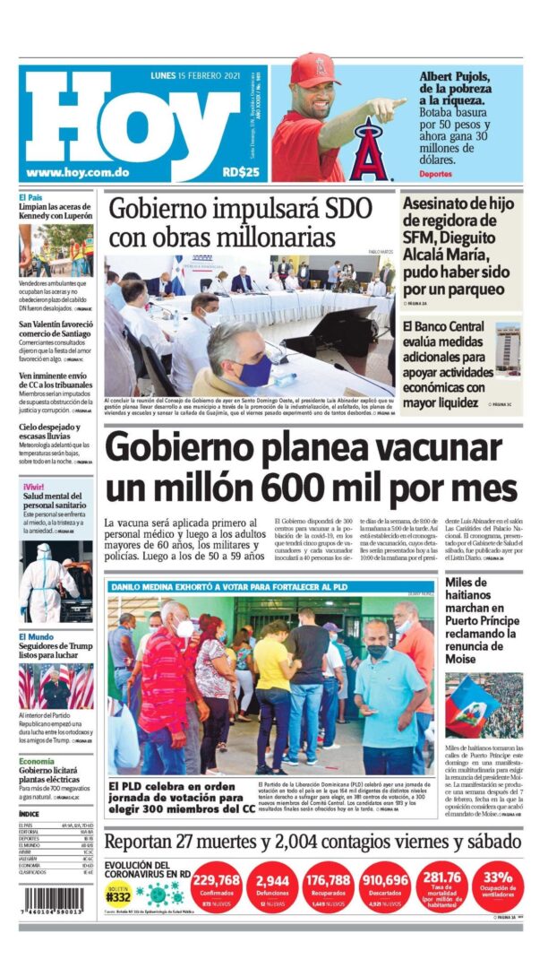 Portada Periódico Hoy, Lunes 15 de Febrero, 2021