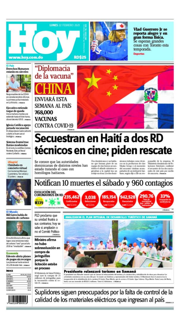 Portada Periódico Hoy, Lunes 22 de Febrero, 2021