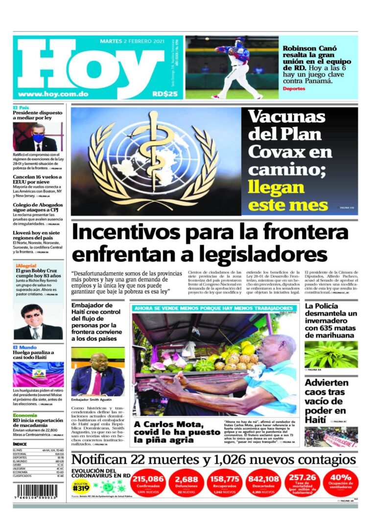 Portada Periódico Hoy, Martes 02 de Febrero, 2021