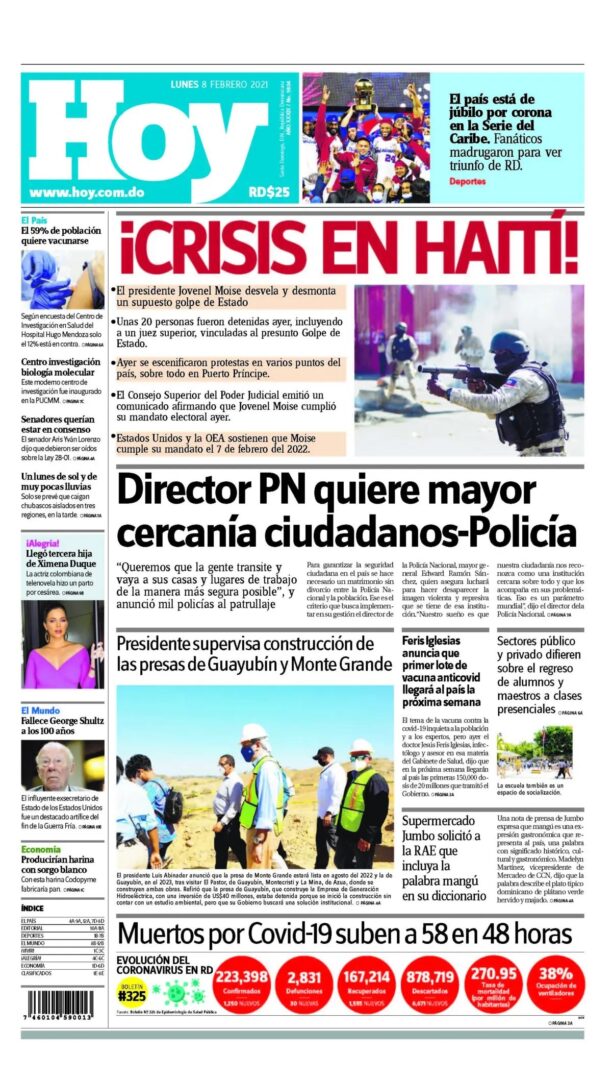 Portada Periódico Hoy, Martes 09 de Febrero, 2021