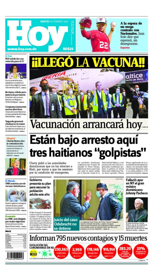 Portada Periódico Hoy, Martes 16 de Febrero, 2021
