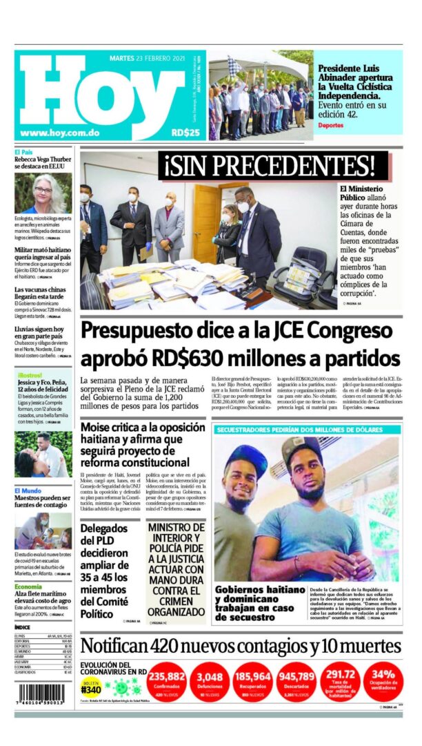 Portada Periódico Hoy, Martes 23 de Febrero, 2021