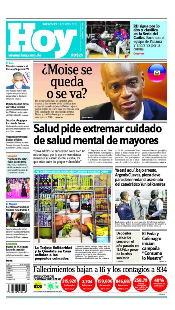 Portada Periódico Hoy, Miércoles 03 de Febrero, 2021