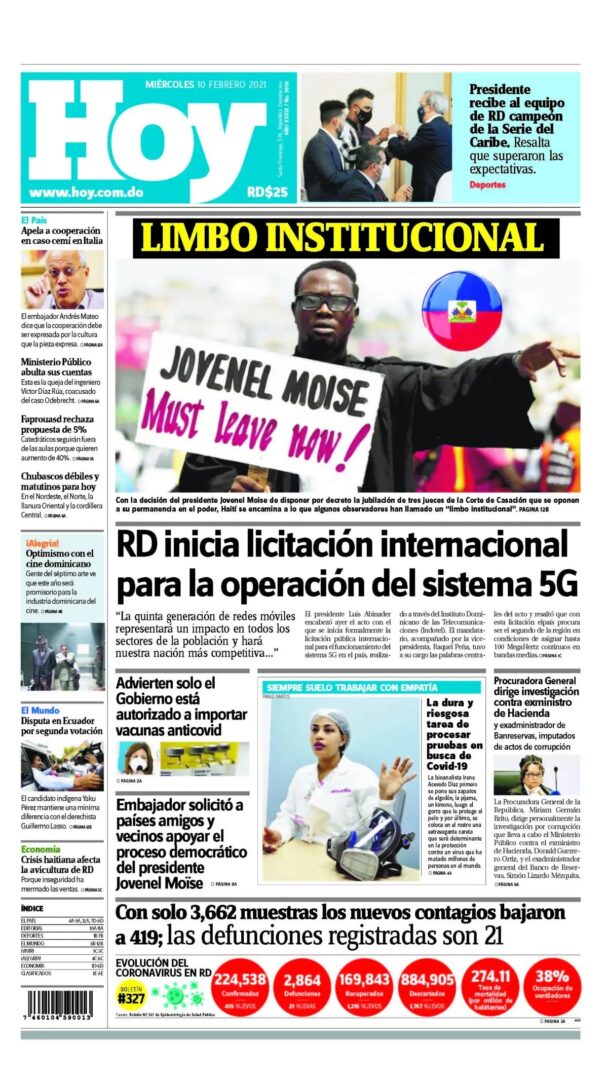 Portada Periódico Hoy, Miércoles 10 de Febrero, 2021