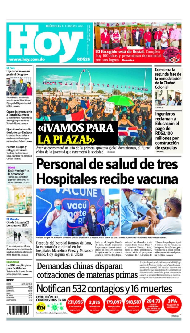 Portada Periódico Hoy, Miércoles 17 de Febrero, 2021