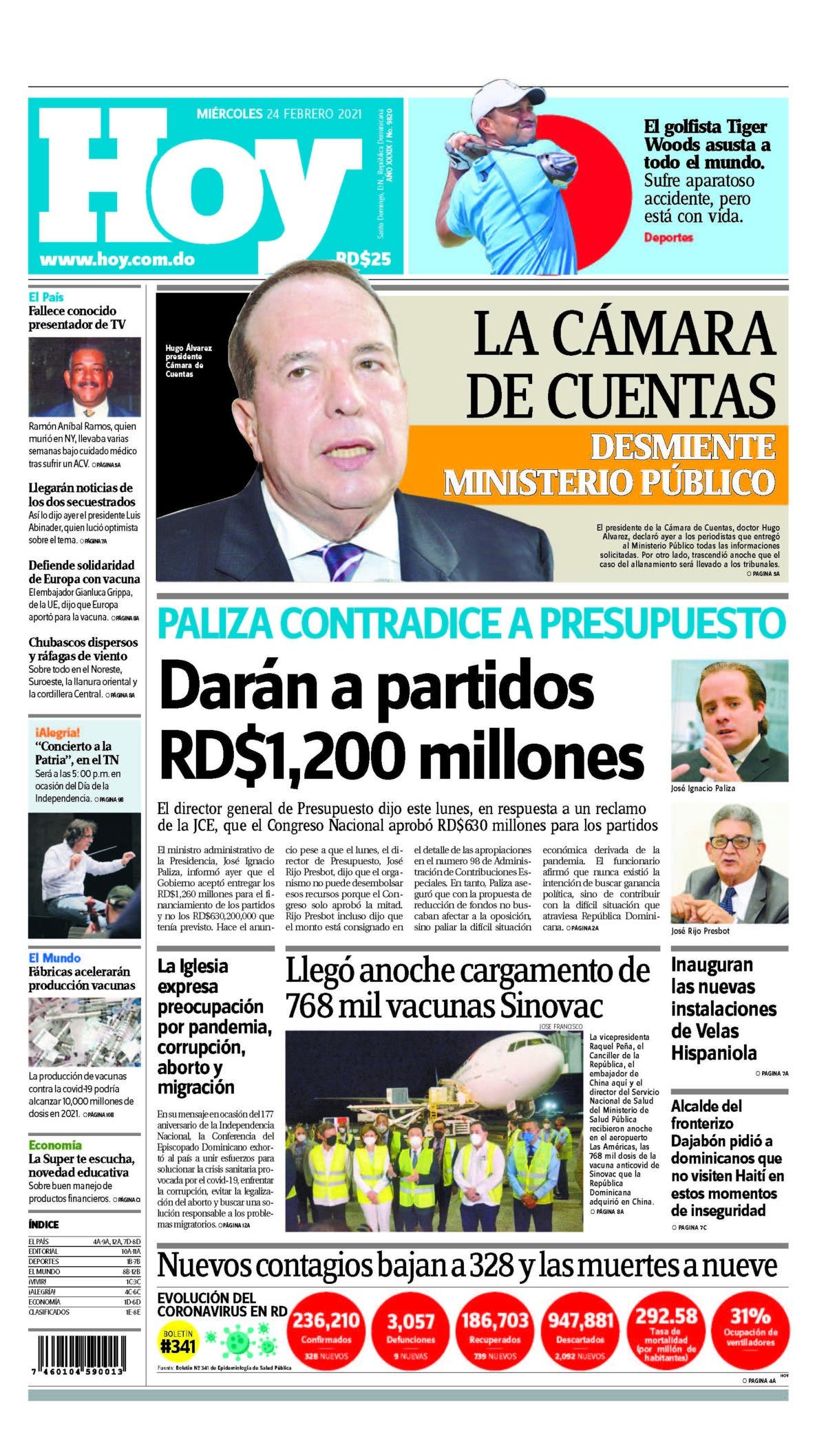 Portada Periódico Hoy, Miércoles 24 de Febrero, 2021