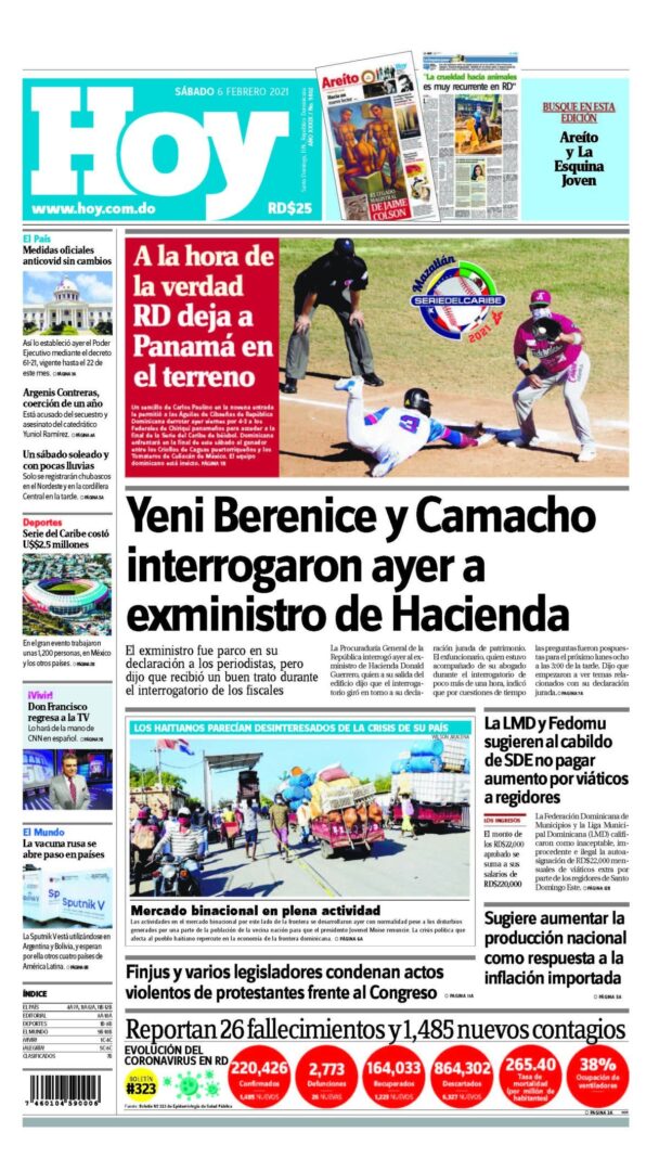Portada Periódico Hoy, Sábado 06 de Febrero, 2021