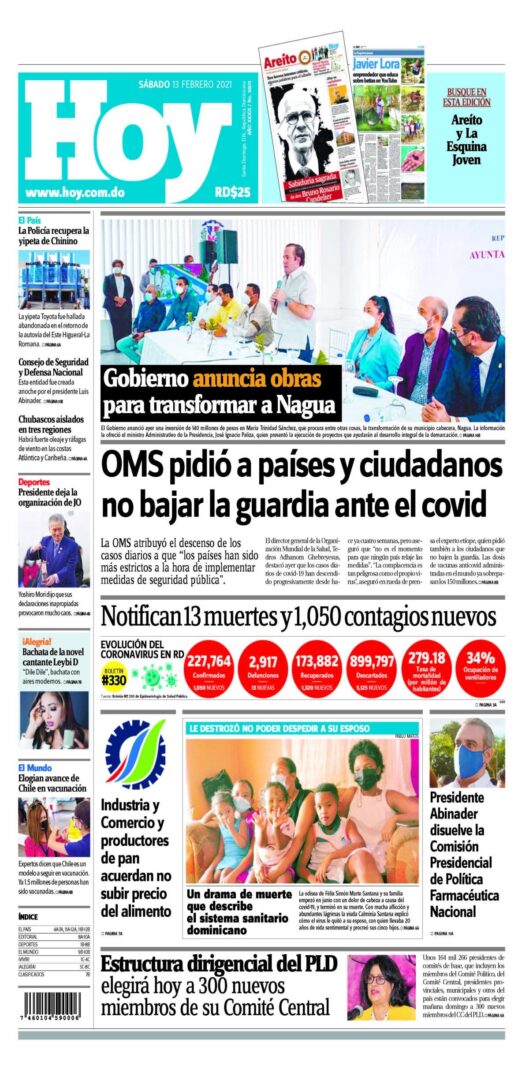 Portada Periódico Hoy, Sábado 13 de Febrero, 2021
