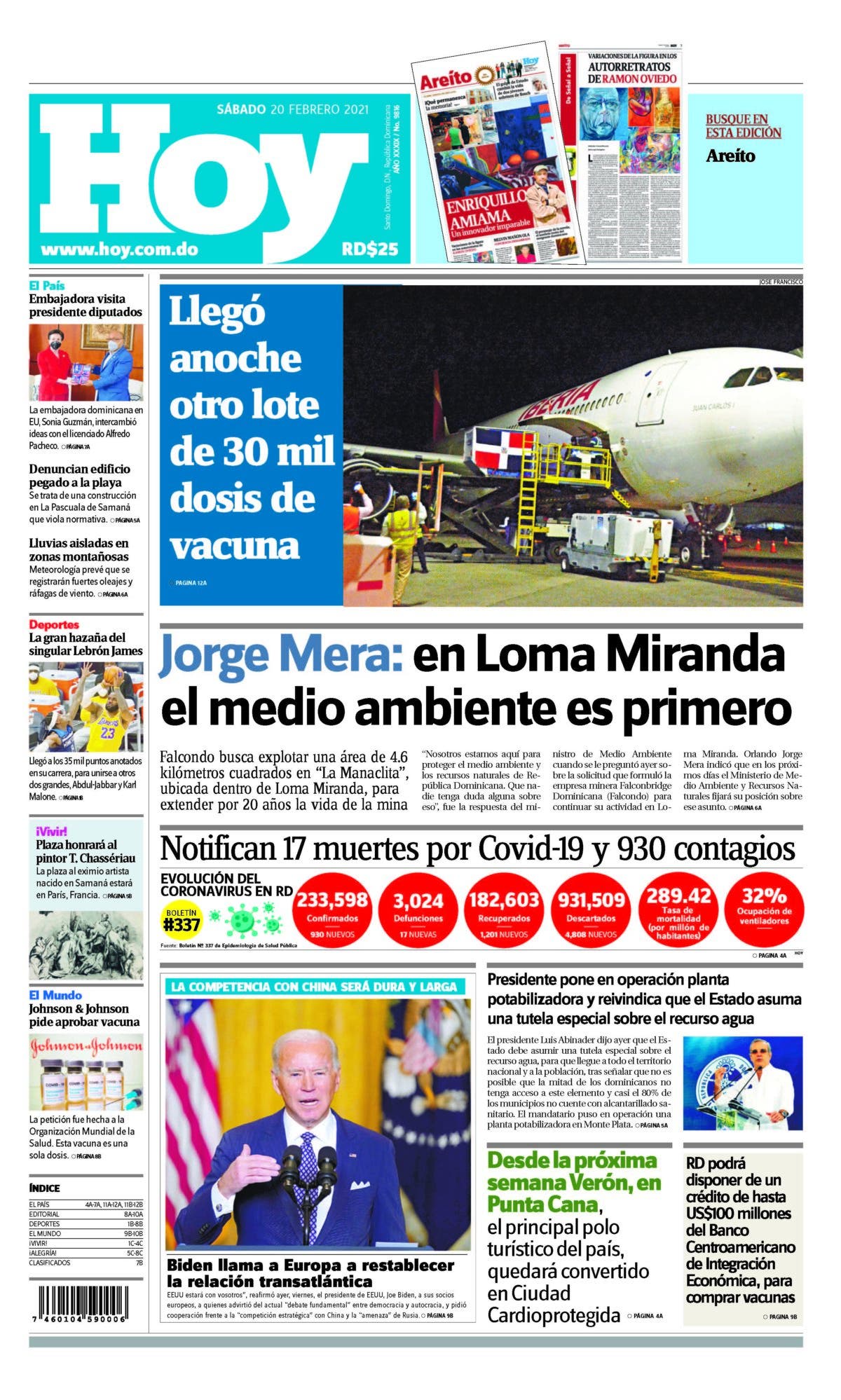 Portada Periódico Hoy, Sábado 20 de Febrero, 2021