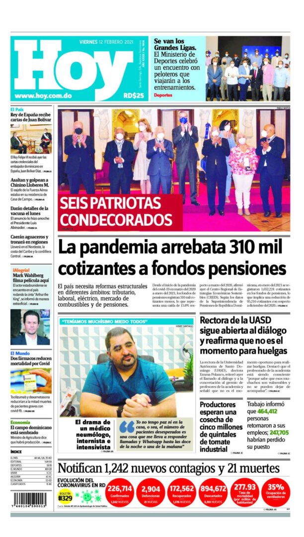 Portada Periódico Hoy, Viernes 12 de Febrero, 2021