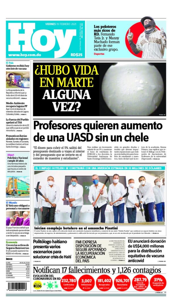 Portada Periódico Hoy, Viernes 19 de Febrero, 2021