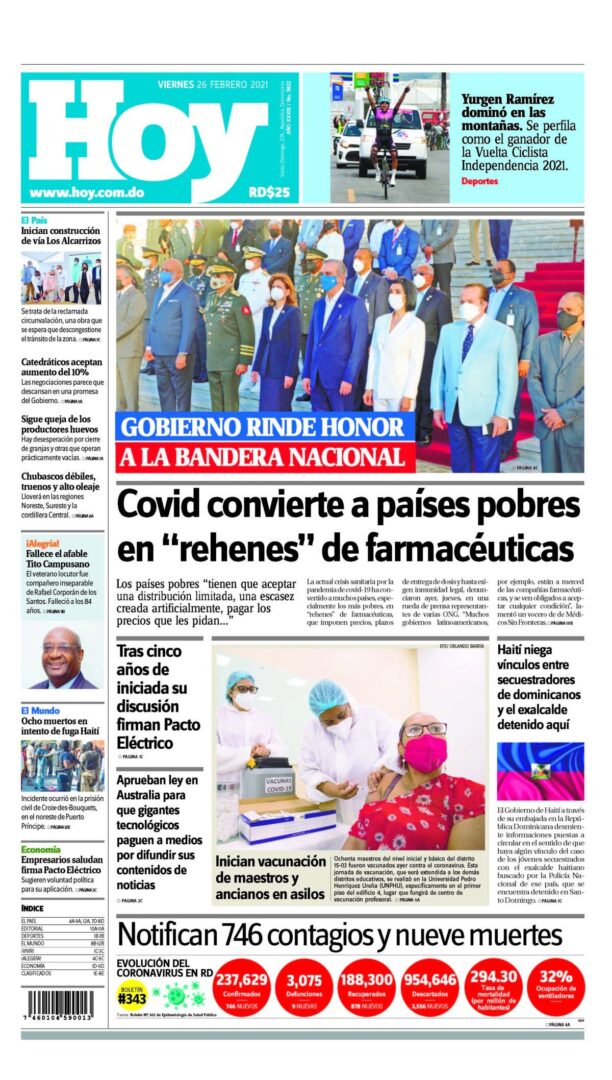Portada Periódico Hoy, Viernes 26 de Febrero, 2021